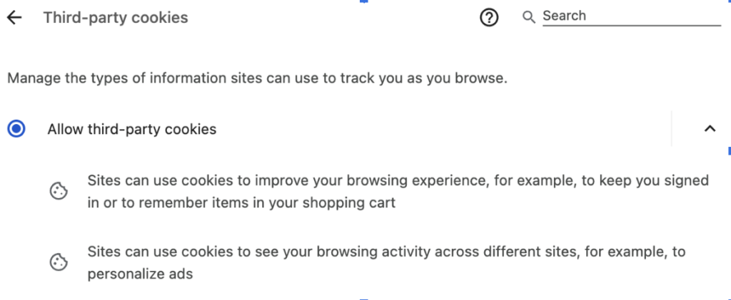 Chrome browser third party cookies settings dialog showing the Allow third-party cookies setting enabled.